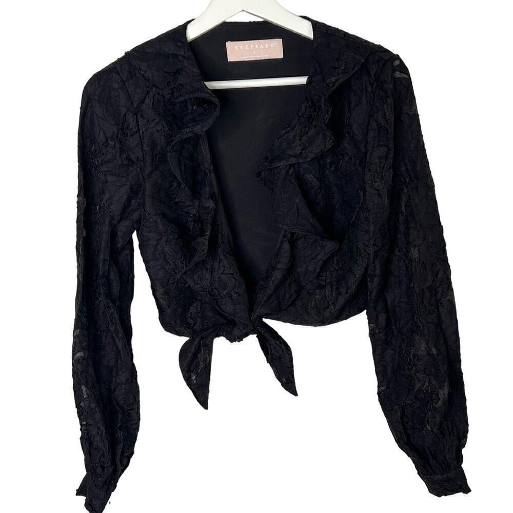 Keepsake Floral Long Sleeve Ruffle Trim Tie Front Crop Top Black Women's Size S